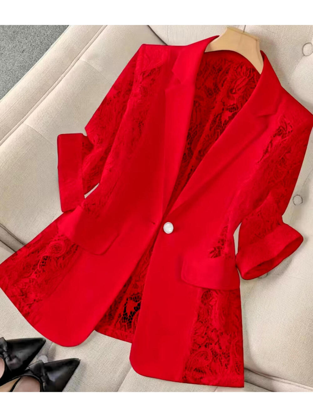 New Red Lacey Blouse Overlay Blazer Suit Top SEXY Womens XL Button Lace Sleeve